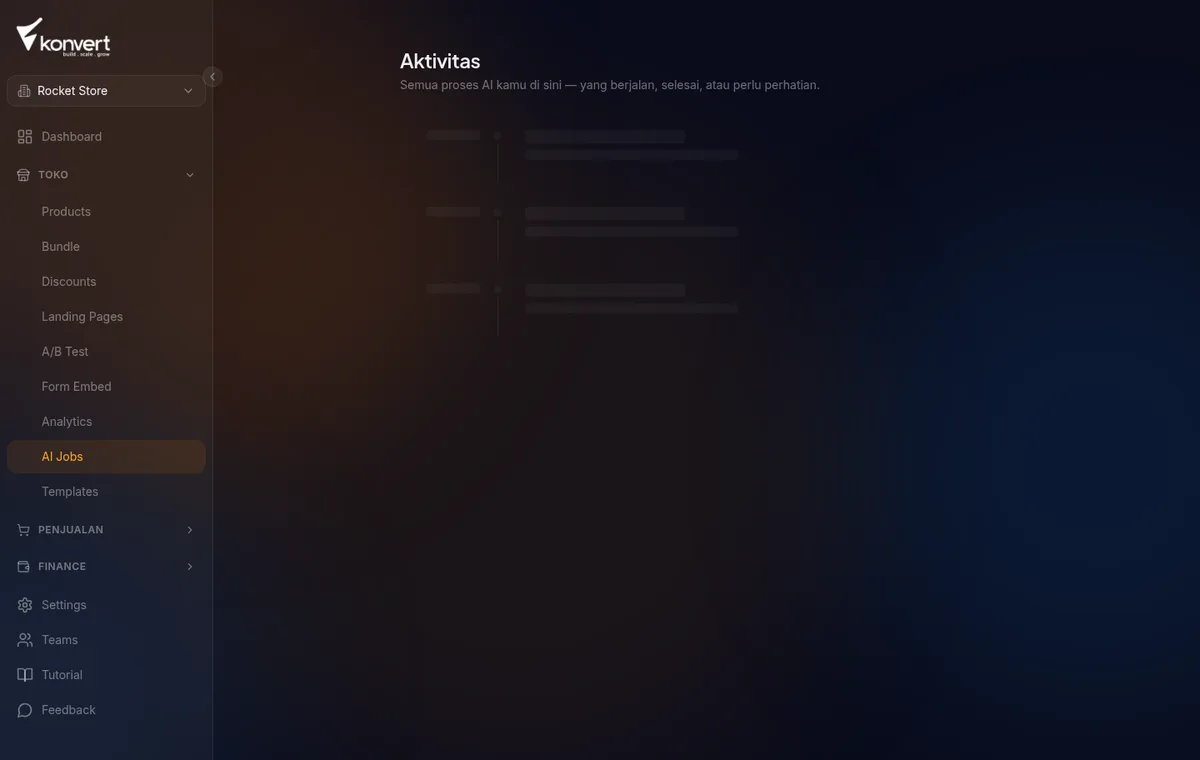 halaman job progress AI menampilkan progress "Sedang menulis content plan..." dengan persentase dan timer elapsed