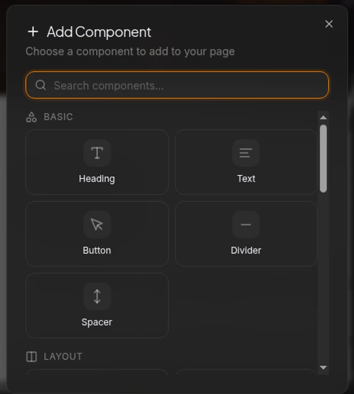 dialog Add Component dengan kategori komponen