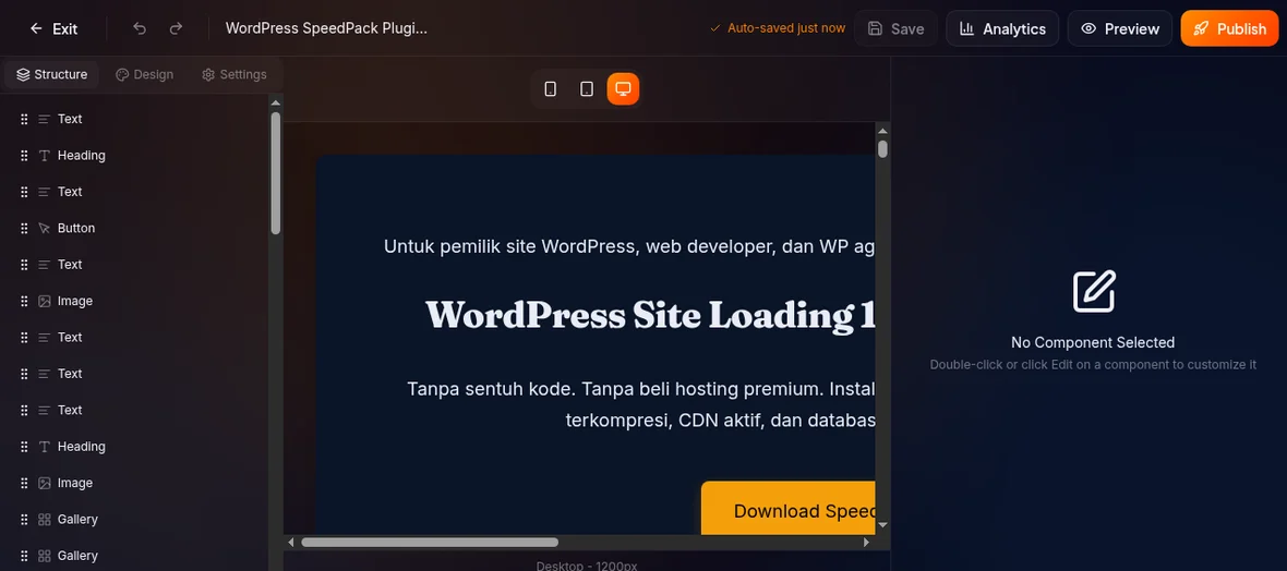 tampilan lengkap builder: panel kiri Structure, kanvas, dan toolbar atas