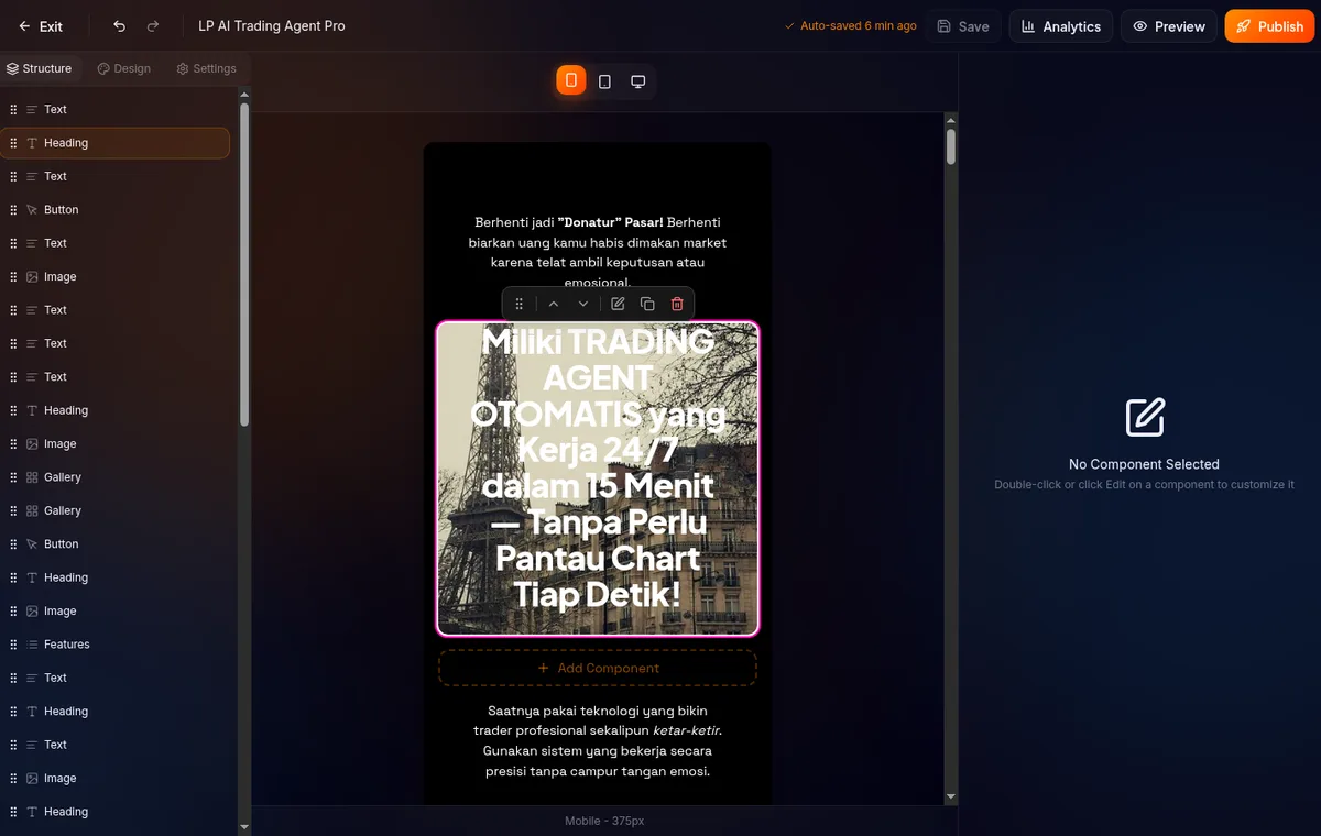 device toggle berpindah dari Desktop ke Mobile — kanvas menyesuaikan, tampak stacking vertical