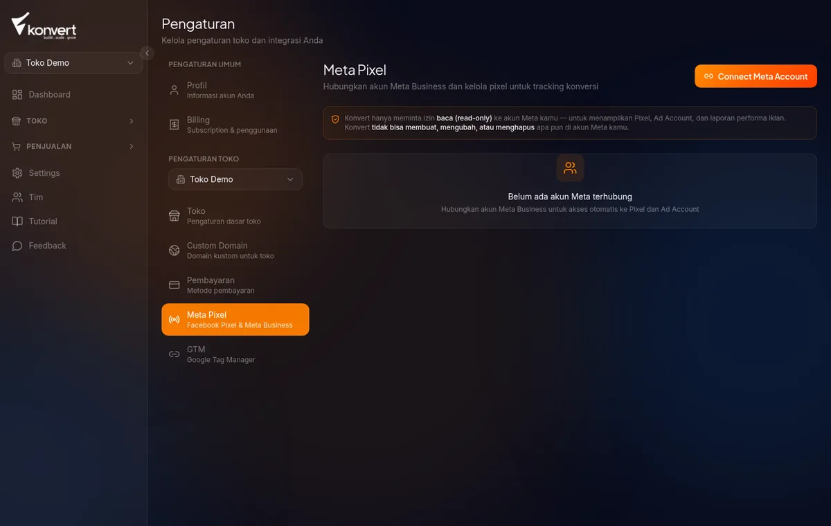 kartu koneksi Meta berhasil terhubung, menampilkan nama akun, jumlah ad account, dan status badge hijau