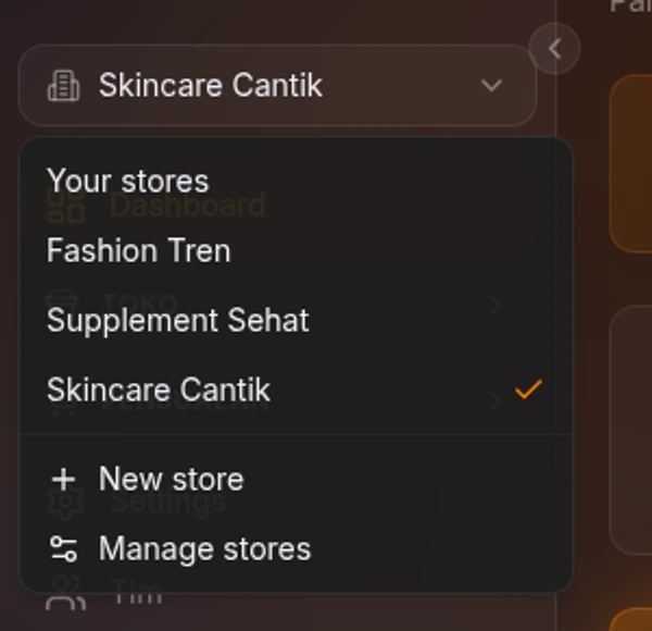 Store switcher dropdown daftar toko dan tombol New store