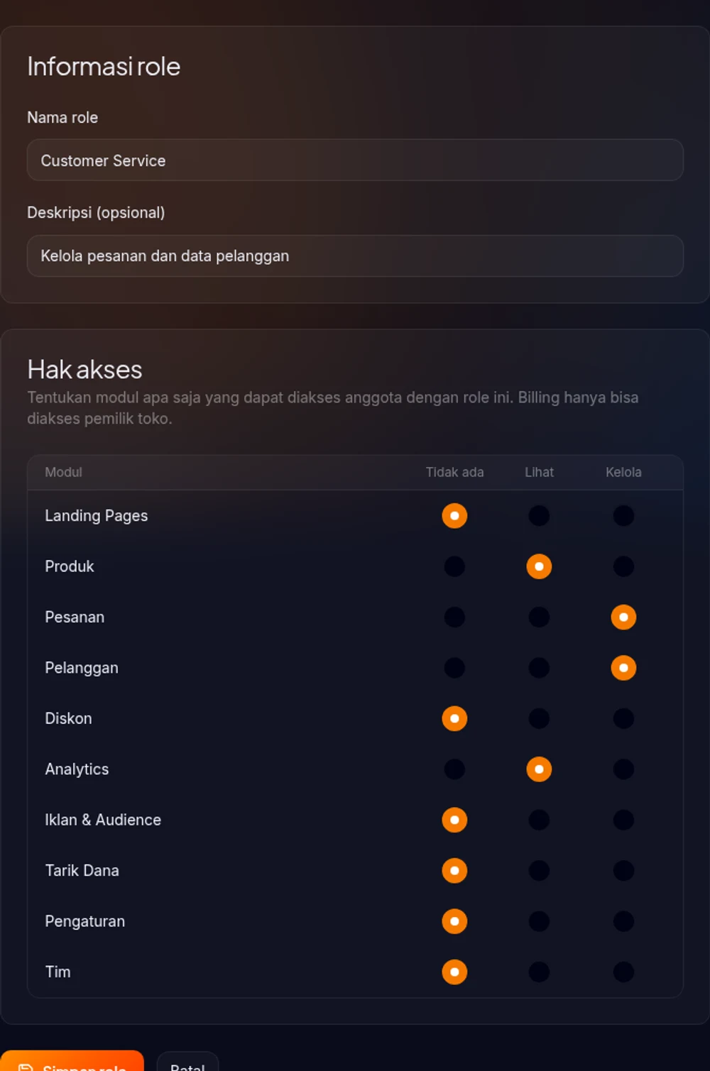 Form buat custom role field nama deskripsi dan tabel matrix permissions per modul