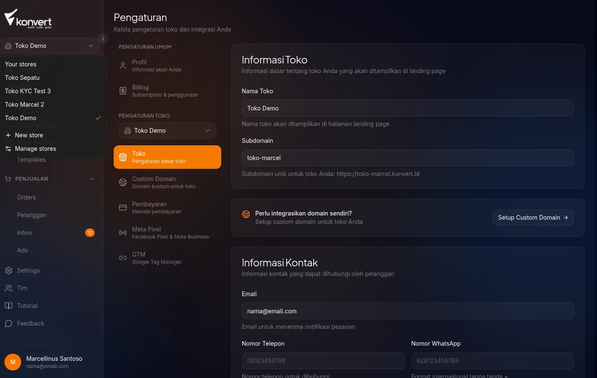 store switcher dropdown di bagian atas sidebar — menampilkan daftar toko yang tersedia
