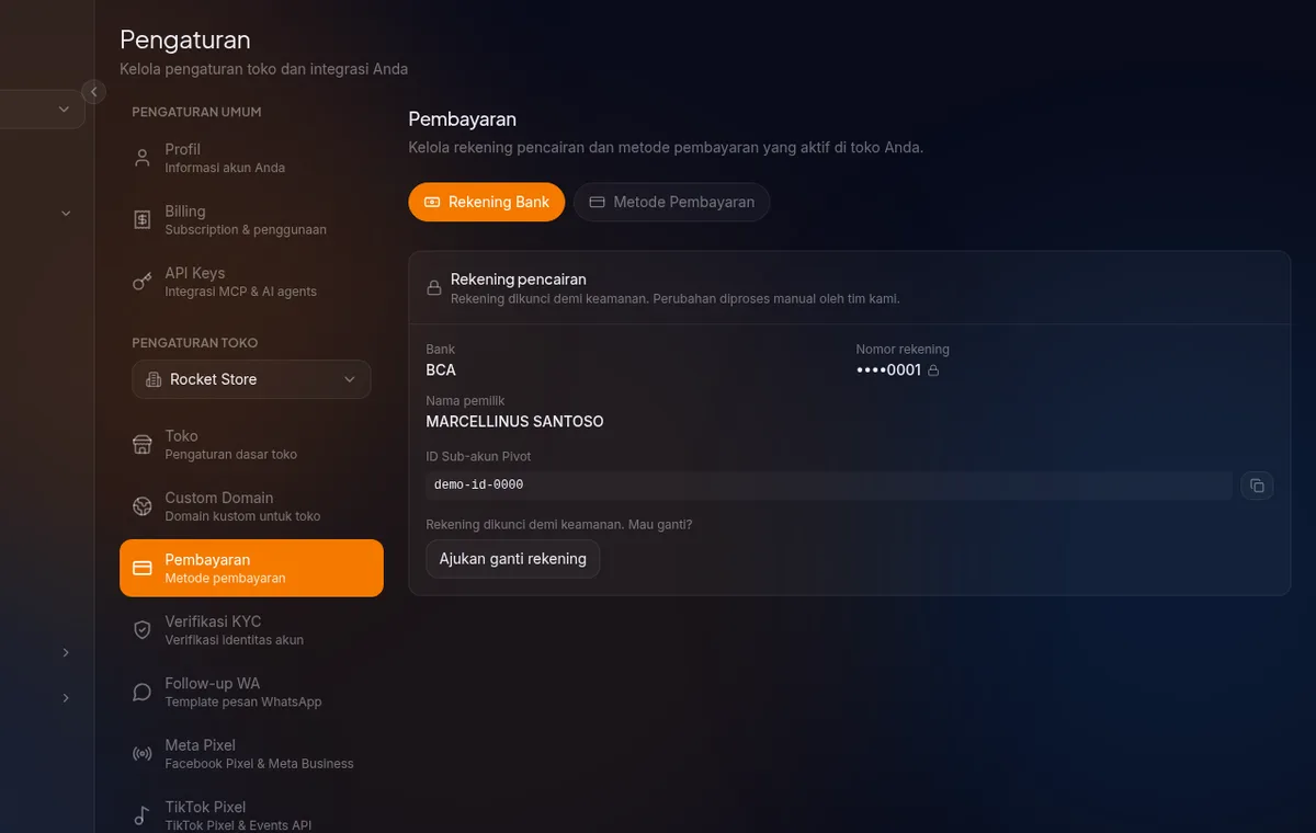 card "Rekening pencairan" di /settings/payment/bank — versi terkunci dengan tombol "Ajukan ganti rekening" dan dialog "Ajukan Ganti Rekening" (pilih bank baru, nomor rekening, nama pemilik)