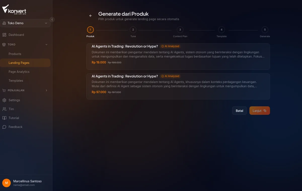 Step 1 wizard AI: pilih produk