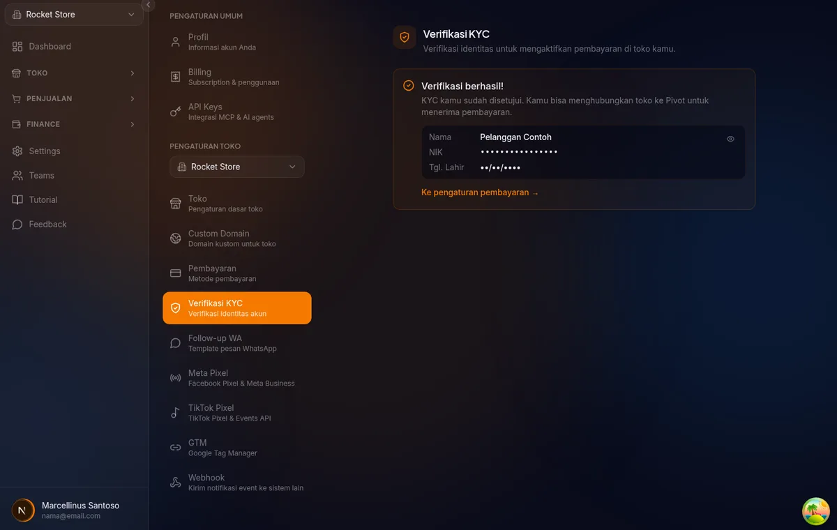 hasil Cek Rekening di wizard KYC /settings/kyc — kotak hijau "Rekening terverifikasi" dan kotak kuning "Nama berbeda" dengan tombol Ya lanjutkan / Batal ganti nama
